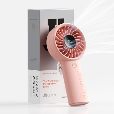 JISULIFE Handheld Fan Life4, Upgraded Portable Fan with Powerful Wind, USB Rechargeable Mini Hand Fan with Digital Display,3600mAh Battery, 5 Wind Speeds, Ideal for Travel/Beach/School/Eyelash-Pink