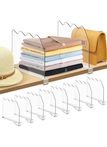 DoubleCare 8 Pcs Adjustable Shelf Dividers for Closet, Clear Acrylic Purse Organizer with Anti-slip Pads for Wooden Closet Shelves, Suitable for Bedroom Clothing Storage, Bookshelf, Kitchen, Office