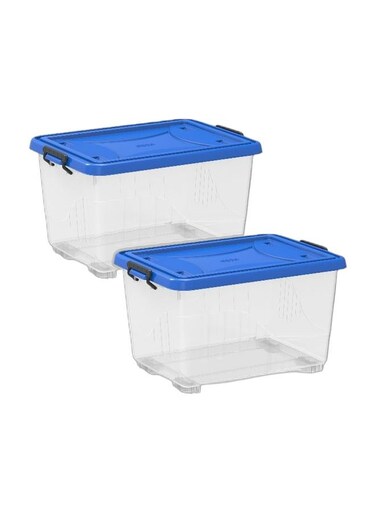 55L Clear Plastic Storage Box With Wheels &amp; Lockable Lid (Pack Of 2)