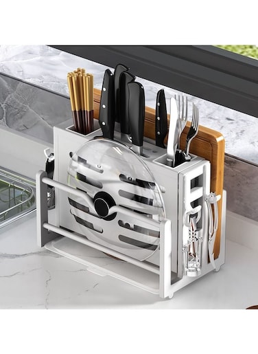 Cutting Board Holder,Chopping Board Organizer Pan Pot Cover Lid Rack Stand with Utensil Knife Holder, Kitchen Organizer Rack for Cabinet and Countertop
