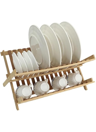 YATAI Bamboo 2-Tier Dish Drying Rack, Stylish Wooden Dish Organizer for Efficient Storage &amp; Fast Drying, Foldable Dish Drainer with 13 Spacious Slots for Plates, Cups, Bowls, Kitchen Storage Organizer