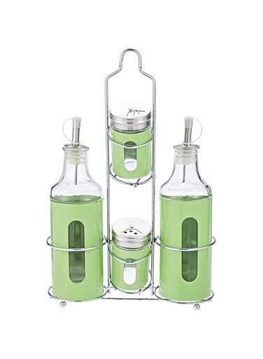 Harmony Or060 Salt, Pepper And Oil And Vinegar Bottles Set In A Stand - 5 Pieces - Green