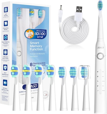 Seago Electric Toothbrush for Adults, with 8 Heads and 5 Modes, Rechargeable Sonic Tooth Brush One Charge for 30 Days, with 2 Mins Timer,SG958(White)