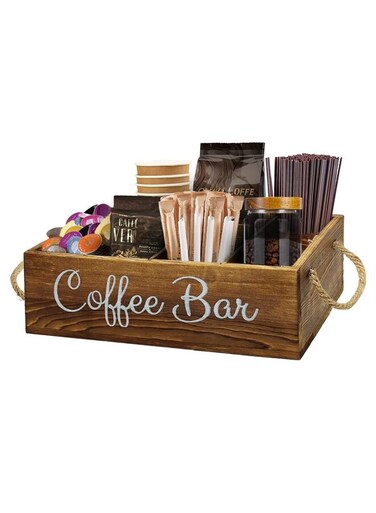 Coffee Station Organizer with Small Removable Dividers, Wooden Coffee Bar Accessories Storage For Countertop, Pod Holder Basket With Handle For Coffee Lover