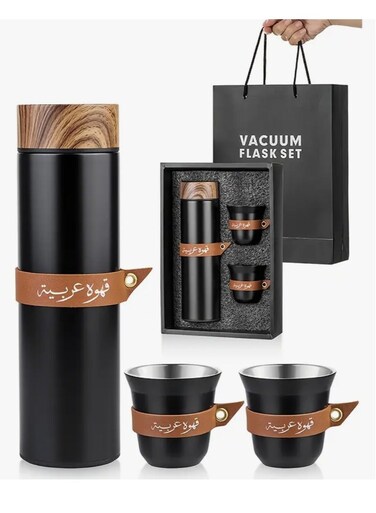 Coffee Thermos with 2 Cups Set,Coffee Travel Mug Spill Proof with Lid, Vacuum Thermal Cup Leakproof 500ML- Gift Box Included(Black)