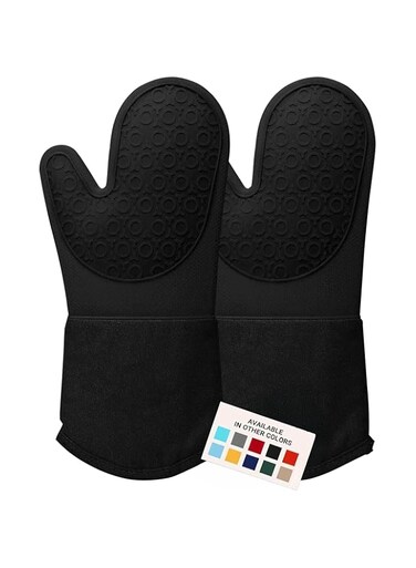 HOMWE Extra Long Professional Silicone Oven Mitt, Oven Mitts with Quilted Liner, Heat Resistant Pot Holders, Flexible Oven Gloves, 1 Pair (Black, 13.7 inch)