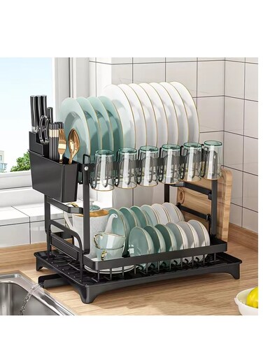Minsal 2 Tier Dish Drying Rack with 360&deg; Spout Drainboard, Cutlery Holder, Cutting-Board/Cup Holder and 3 Hooks for Kitchen Counter, Rust-Proof Large Dish Drainer, Black