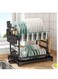 Minsal 2 Tier Dish Drying Rack with 360&deg; Spout Drainboard, Cutlery Holder, Cutting-Board/Cup Holder and 3 Hooks for Kitchen Counter, Rust-Proof Large Dish Drainer, Black