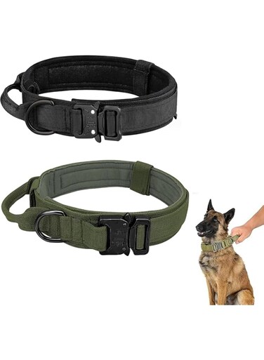 ChicAbode Tactical Dog Collar, Adjustable Military Training Nylon Dog Collar with Control Handle And Heavy Metal Buckle for Medium And Large Dogs, Large Dog Pet Collar (Black + Greener, L)