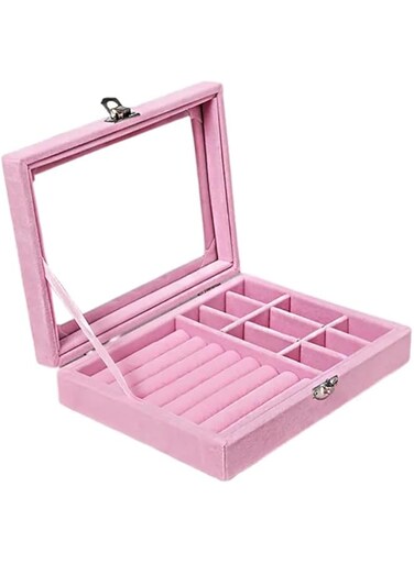 YouBella Jewellery Box Jewellery Organiser Box Velvet Clear Lid Jewelry Organizer, Ring Earring Bracelets Jewelry Storage Case, Portable Jewelry Box for Girls Women (Pink)