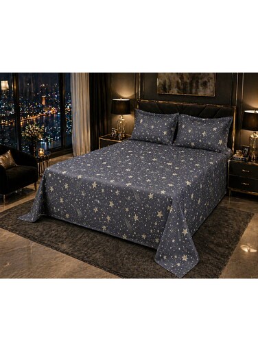 King Size Grey Star Print Bedsheet Set 3PCS &acirc;&euro;&ldquo; 125 GSM Soft Breathable Fabric, Durable &amp; Fade Resistant with 2 Pillow Covers, 220x240 CM
