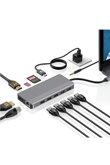12-in-1 USB-C Hub with Dual 4K HDMI &amp; DP, Ethernet, 100W PD, SD Card Reader