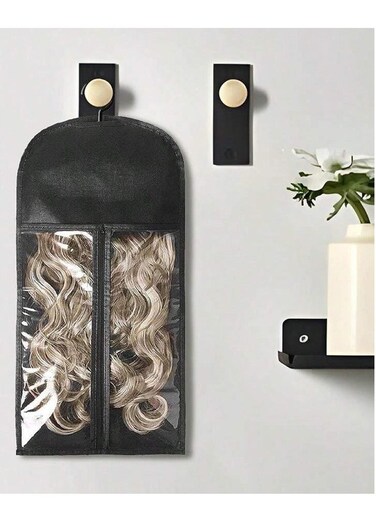 2-PCS Hair Storage Bag, Folding Storage Bags with Wooden Hanger, Dust Proof Portable Storage Bag Carrier With Strong Durable Zipper Black
