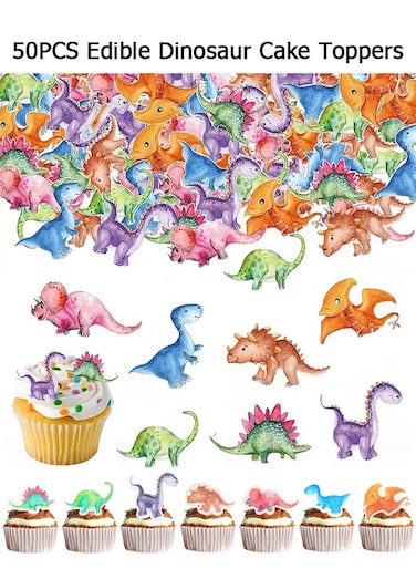 50PCS Edible Dinosaur Cake Decorations - Wafer Paper Cake Decorations - 7 Designs - Jungle Adventure Dinosaur Cupcake Toppers - Suitable for Birthday Cakes, Cookies, Cupcake Decorations - Perfect for Dinosaur Theme Birthday Parties, Baby Showers, and Kids' Cake Supplies