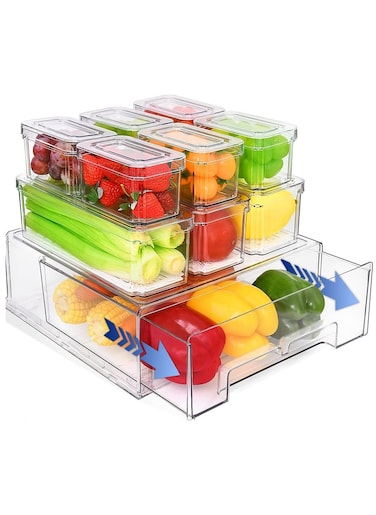 10Pack Fridge Organizer Bins with Lids &amp; Drawers for Storage Stackable Refrigerator Organizers Clear Plastic for Freezer Fridge Organizers Containers Kitchen Cabinet Food Drinks Fruit Vegetable