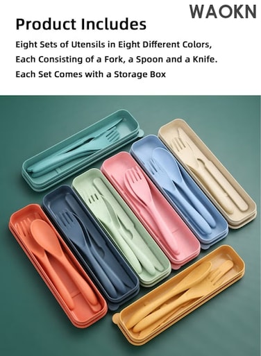 8 Colors Reusable Portable Wheat Straw Cutlery, Travel Utensils Flatware Sets with Case Storage Box, Spoon Knife Fork Tableware Sets, for Lunch Boxes Kids Adult Picnic Camping Outdoor Home Office