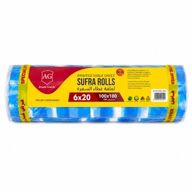 Avant Garde Printed Sufra Rolls, 100 x 100 cm, 120 Sheets Total (6 Rolls x 20 Sheets), Disposable Plastic Table Sheets with Decorative Blue Pattern - Value Offer Pack