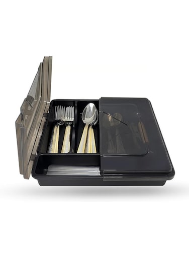 Azonee Silverware Organizer with Lid, Flatware Storage Box Silverware Holder, Kitchen Utensil Organizer for RV and Camping, 5 Compartment Silverware Drawer Organizer Tray( Only Box-11.8*11.8*2.5 in)
