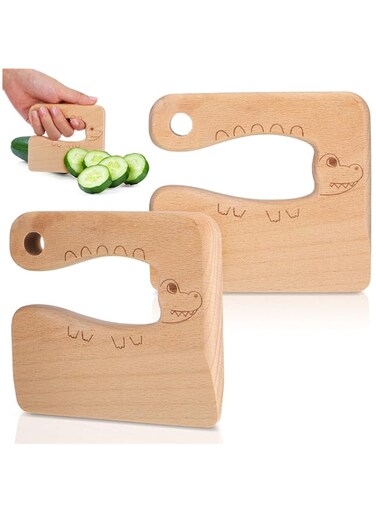 KASTWAVE Wooden Kids Cooking Knives, Kitchen Toys Kids Wooden Knife Cutter Vegetable and Fruit Cutter for Kids Pretend Role Play for Fruits, Bread, Cakes, 2 Pieces