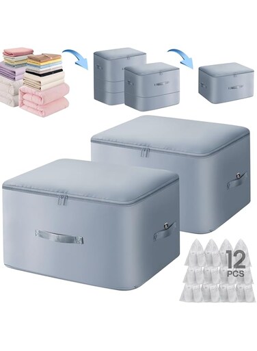 2 Pcs Ultra Space Saving Self Compression Organizer, 2 and 3 Layer Foldable Blanket Storage Bag with 12 Shoe Covers for Quilt, Clothes, Blanket, Dormitory Organizing Moving Bags (Gray, XL+L)