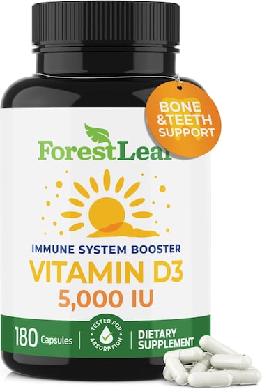 ForestLeaf Vitamin D3 5,000 IU Supplement - Vegetable Vitamin D Capsules For Bones, Teeth, And Immune Support - Easy Swallow Pure Vitamin D3 5000 (5,000 IU - 180 Count)