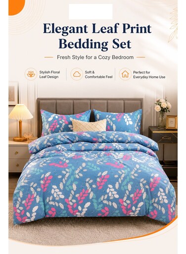 LIFE Floral Leaf Print Bedding Set, Blue Duvet Cover Set With Matching Pillowcases, Soft Comfortable Bed Cover For Bedroom Decor, Guest Room, Apartment And Home Use