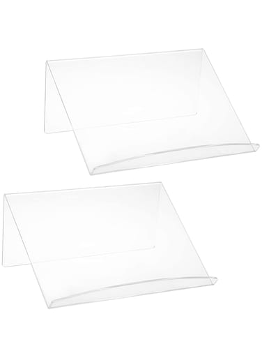 BSTKEY Set of 2 Acrylic Book Display Stand 3mm Thickness Art Display Stand, Clear Slope Book Shelf Holder Handwriting Reading Art Anti-Slip Border Laptop Stand for Display 12x8.5x5.1
