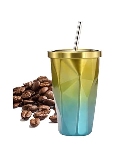 500ml Stainless Steel Travel Mug Tumbler with Straw and Leakproof Lid,Reusable Flask Coffee Cup Vacuum Insulated Office Mug Car Drinking Bubba Cup for Ice Cold or Hot Drinking Yellow&amp;Blue