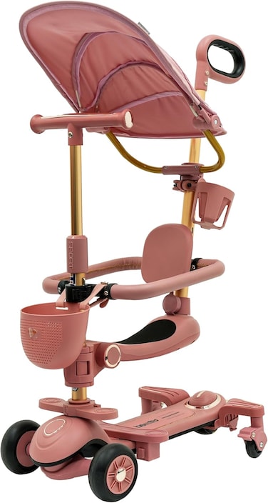 Lovely Baby 4-in-1 Toddler Scooter TG 8028  Kids Scooter w/ Adjustable Push Bar and Sun Shielding Canopy, Ages 1-12 Years Old - Pink