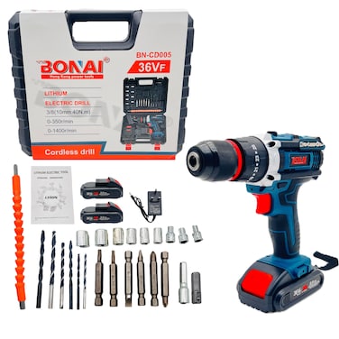 BONAI 36VF Cordless Electric Drill, 40N.m Torque, 3/8" (10mm) Chuck, 2-Speed 0-350/1400 RPM, Lithium-Ion Battery Powered, Compact Power Drill Set, CD005