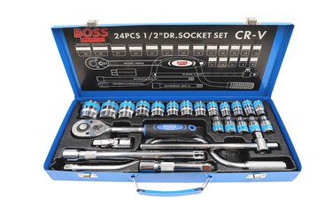 24 Pieces Socket Set 1/2" Master Drive CRV Impact Socket Set in Metal Portable Case, Includes Extension Bars, Universal Joint &amp; Sliding T-bar for home use and professional purpose