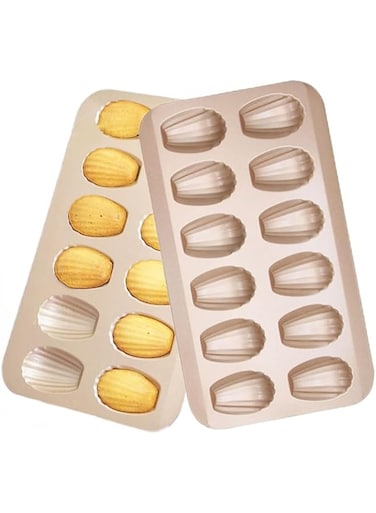 Joyzzz Madeleine Pans, 2 Pcs 12-Cavity Heavy Duty Madeleine Cookies Trays, Cakelet Pan, Scone Pan, Cookie Pan for Oven Baking, Warp Resistant Shell Shape Madeleine Mold Cake Pan, Champagne Gold