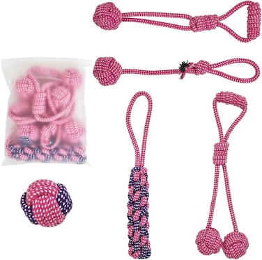 Combo pack of 5 rope toys, Durable and 100% cotton, Ideal for small to medium dogs, 32 cm Interactive chew toy for Dental health, Play, Aggression, and Tug of War, Loop handle with rope ball (Pink)