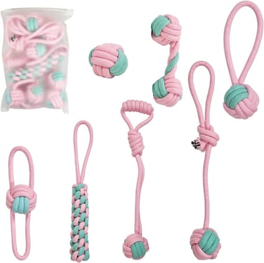 Combo pack of 7 rope toy, Durable and 100% cotton, Ideal for small to medium dogs, 32 cm Interactive chew toy for Dental health, Play, Aggressive, and Tug of War, Loop handle with rope ball (Pink)