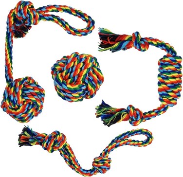 Dog toy combo set, 4 design rope with 1 Pack, Loop handle rope with ball, 100% cotton rope for cleaning teeth, Oral health and Aggressive chewer, Tug of War for small to medium dog, 32cm (Multi-color)