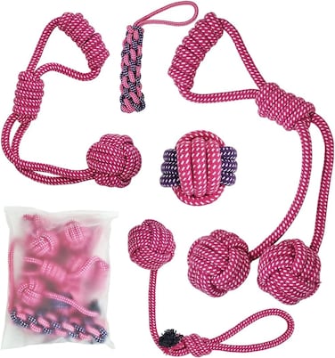 Dog toy combo set, 5 design rope with 1 Pack, Loop handle rope with ball, 100% cotton rope for Cleaning teeth, Oral health and Aggressive chewer, Tug of War for Medium to Large dogs, 45 cm (Pink)