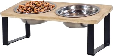 Bamboo cat feeding station with Stainless steel bowls, Durable iron frame, and Non-slip bottom, Elevated pet feeder for cats &amp; small dogs, Easy to assemble, 33 cm (Beige)