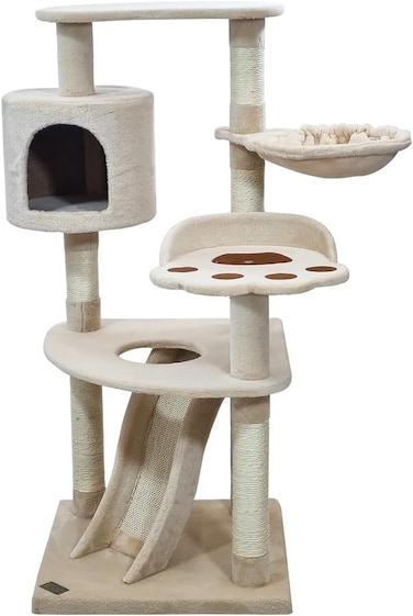Multi-level cat tree with Top perch, Cozy condo, Soft hammock, and Paw shape perch, Indoor cat playground with Sisal ladder, Sisal scratching posts, and for all size breeds, 111 cm Cat tower (Beige)