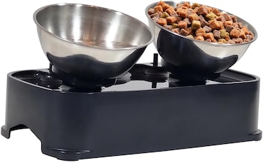 Adjustable cat bowl with Stainless steel bowls and Non-slip bottom, 150 Inclined raised pet feeder for cats and small dogs, Pet food &amp; water station, Easy to clean 30 cm (Black)