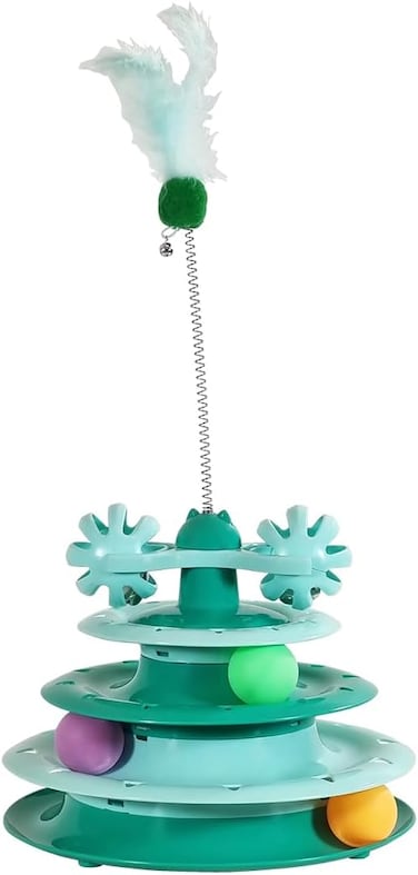Cat turntable toy with Colorful balls and Artificial feather for endless fun, Durable plastic pet exercise toy for indoor cats, Stimulates hunting instincts, No battery needed, 49 cm (Green)