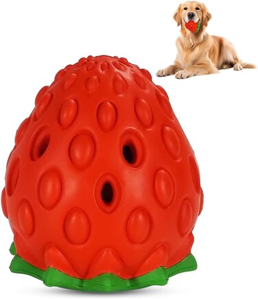 Interactive strawberry-shaped dog toy, Natural rubber teeth cleaning pet toy with hidden treats, Durable Puppy toy for Aggressive chewers, Ideal for Gum massage 10 cm (Red)