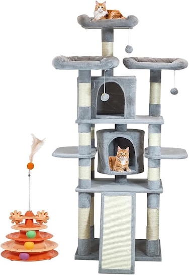 Multi-level cat tree tower with Cat turntable toy, Multiple perches, Dangling balls, Cozy cat condos, and Sisal scratching board, Sturdy indoor cat tree for cats and kittens, 163 cm (Grey)