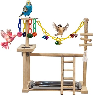 Interactive bird stand for Budgies, Conures, and Lovebirds, Natural wood bird playstand with Perch, Stainless steel bowls, Climbing ladder, Detachable tray, and Non-slip bottom, 43 cm (Beige)