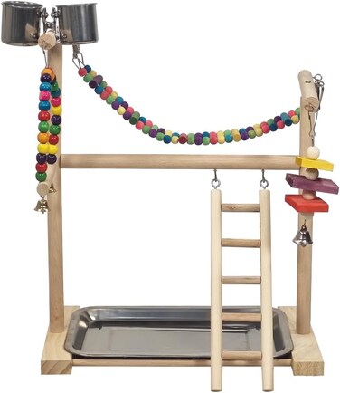 Interactive wooden bird perch stand with Feeding cups, Swinging perch, Bird toys, Climbing ladders, and Removable tray, Ideal for playing, Training, and Mental stimulation, 37 cm (Beige)