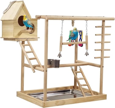 Natural wood bird perch stand with Bird nest, Climbing ladders, Swinging perch, Colorful toys, feeding bowls, and Removable tray, Bird training and play station for pet birds 63 cm (Beige)