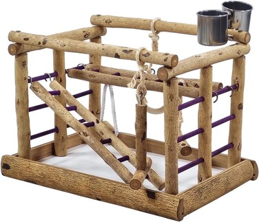 Natural wood bird playstand with Stainless steel food cups, Standing perches, Climbing ladders, and Swinging bird toys, Ideal for Cockatiels, Conures, and Small birds, 36 cm (Beige)