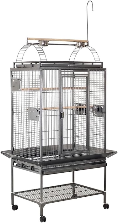 Large bird cage with Play-top area, Wooden Perches, Feeding Cups, Removable tray, Storage Shelf and Universal Wheels, Wrought iron bird cage for Large-sized birds, Easy assembly, 222 cm (Black)