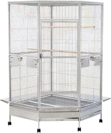 Extra large corner bird cage with Wooden perches, Stainless steel food bowls, Slide-out tray, and Universal wheels, Heavy-duty metal bird cage for Parrots, Parakeets, and Macaws, 184 cm (Grey)