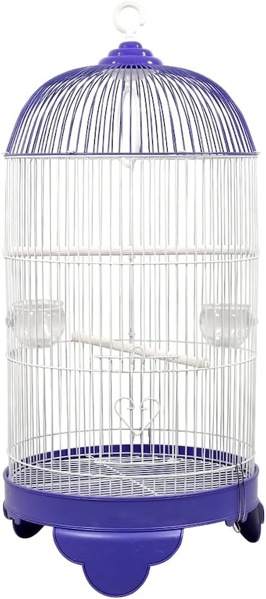 Round bird cage with Hanging swing, Feeding cups, Plastic perches, and Removable base, Sturdy metal bird cage for small birds, Ideal for indoor/outdoor use, Easy to assemble, 73 cm (Purple)