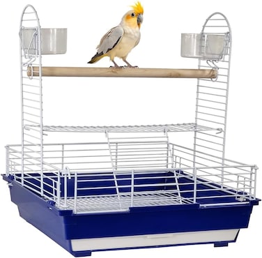 Bird playstand with Wooden perch, Plastic feeding cups, Climbing ladder, and Removable tray, Metal bird Playground for small birds, Ideal for Indoor/Outdoor use, Easy to assemble, 46 cm (Blue)